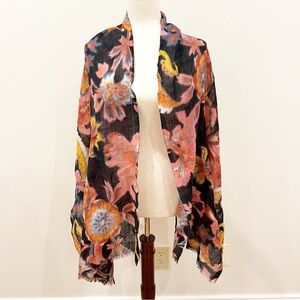 J Jill Scarf Womens Pink Black Floral Wool Long Rectangular Lightweight Fringe